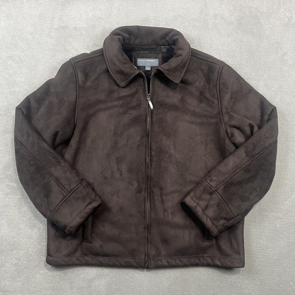 Perry Ellis Large Brown Faux Suede Faux Fur Lined Zip Jacket Workwear Streetwear — photo 2
